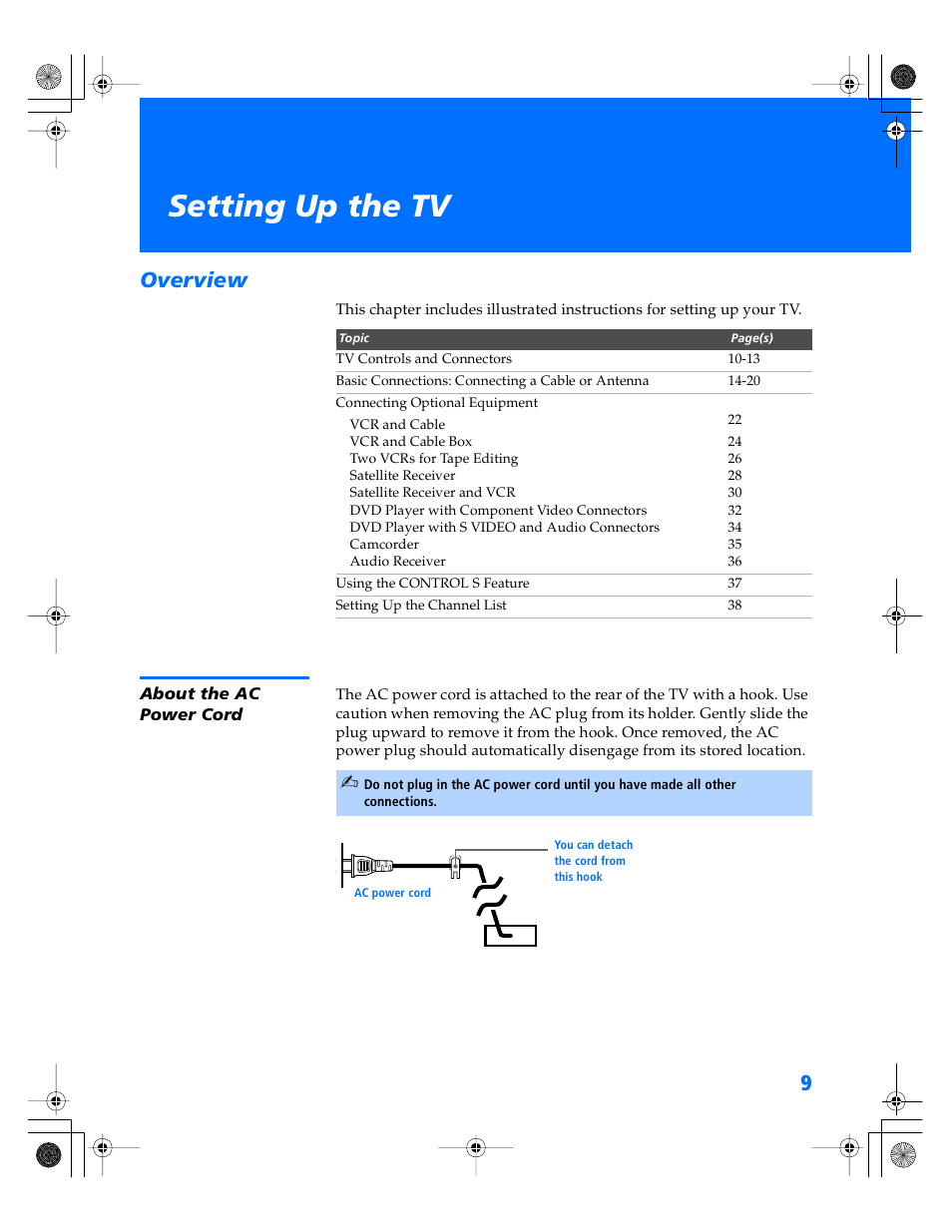 Setting up the tv, Overview, About the ac power cord | Sony WEGA KV-34XBR800 User Manual | Page 10 / 91