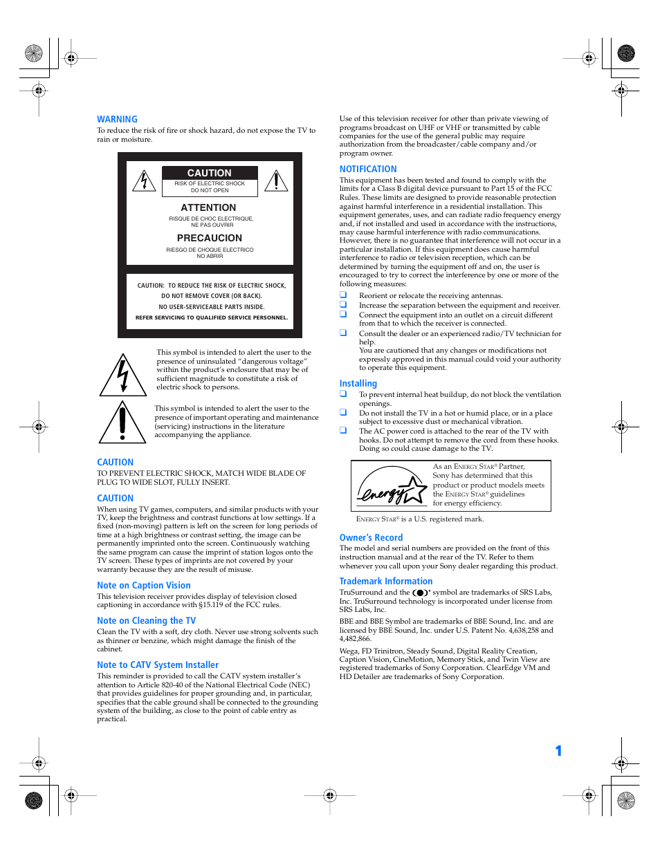 Attention caution precaucion | Sony WEGA KV-34XBR800 User Manual | Page 2 / 91