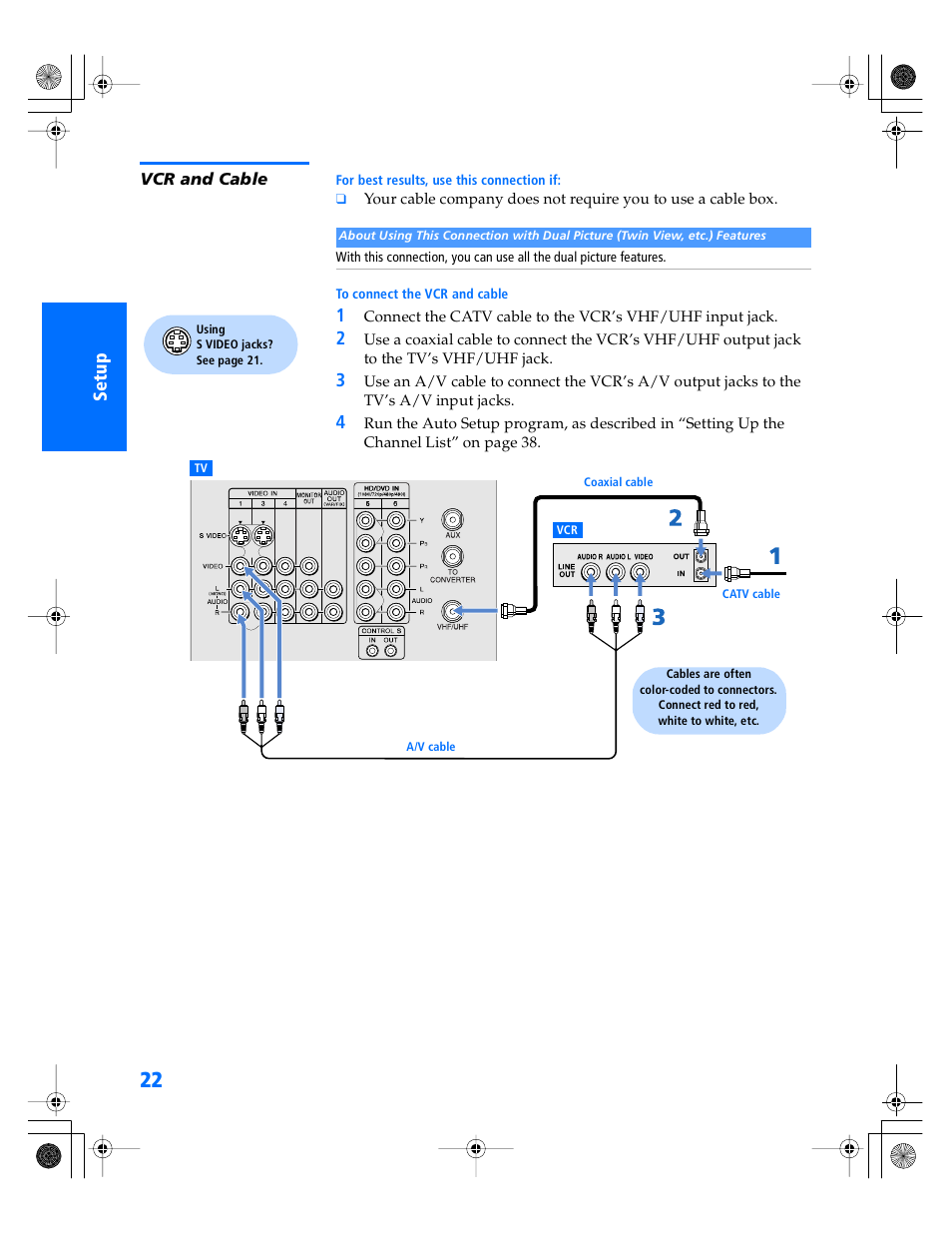 Vcr and cable, S 22 an | Sony WEGA KV-34XBR800 User Manual | Page 23 / 91