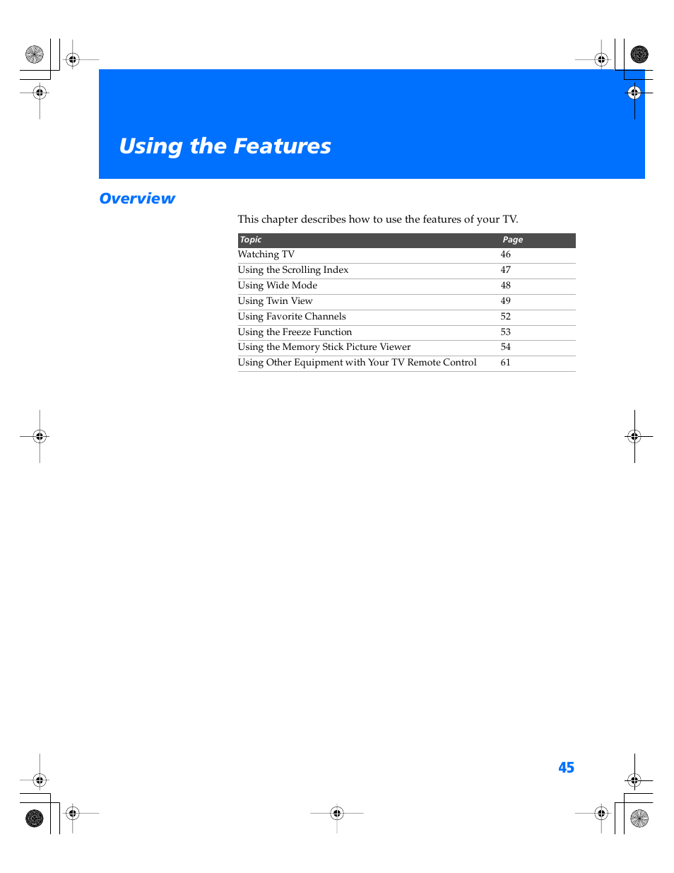 Using the features, Overview | Sony WEGA KV-34XBR800 User Manual | Page 46 / 91