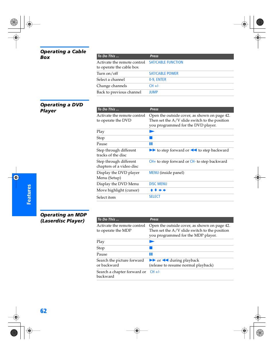 Operating a cable box, Operating a dvd player, Operating an mdp (laserdisc player) | Sony WEGA KV-34XBR800 User Manual | Page 63 / 91