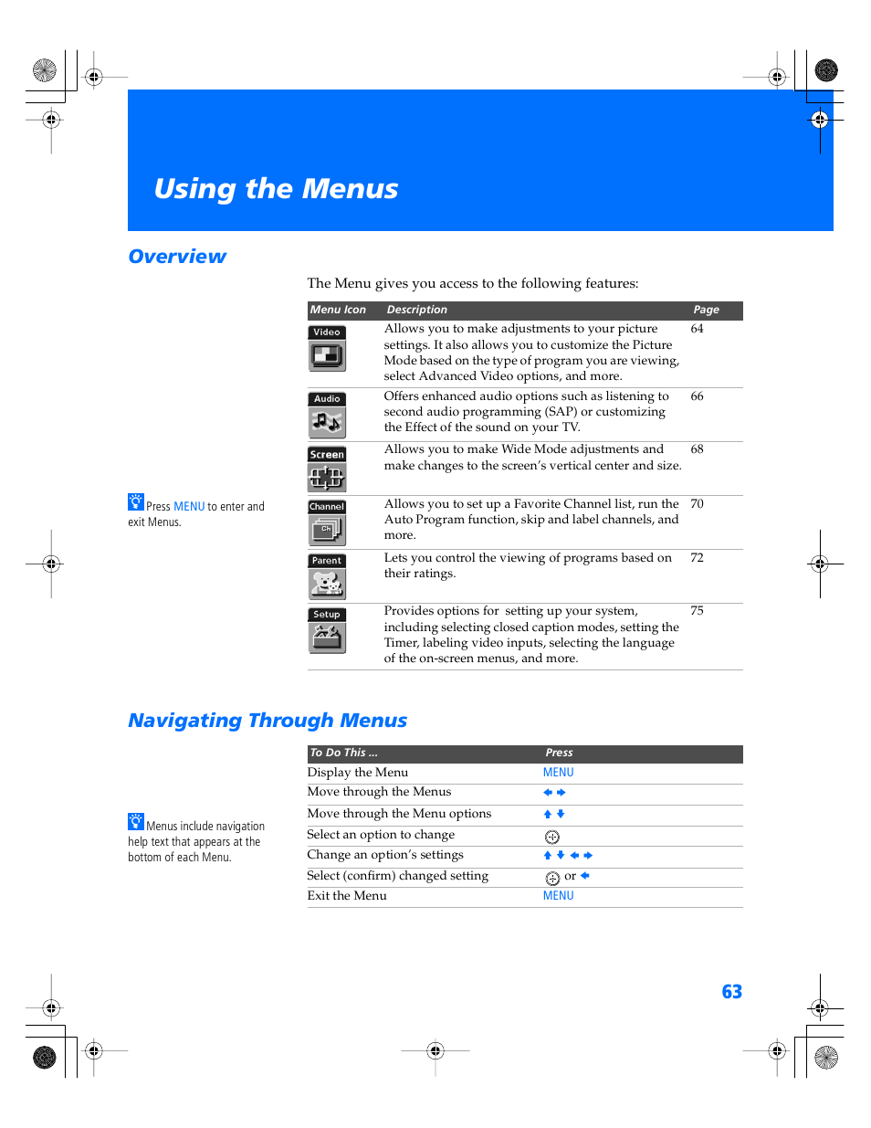 Using the menus, Overview, Navigating through menus | Overview navigating through menus | Sony WEGA KV-34XBR800 User Manual | Page 64 / 91