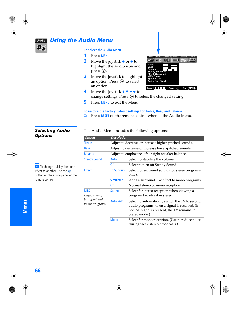 Using the audio menu, Selecting audio options | Sony WEGA KV-34XBR800 User Manual | Page 67 / 91