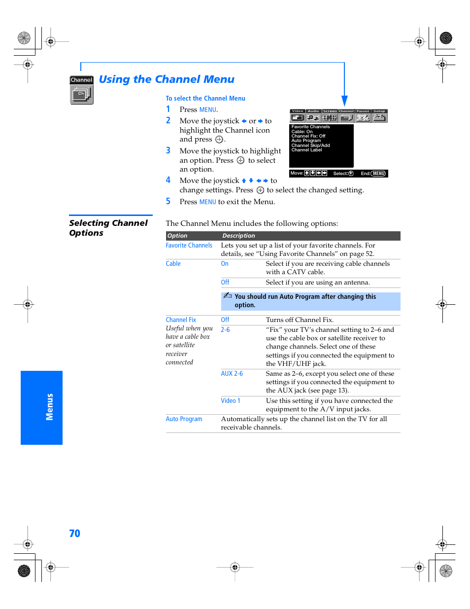 Using the channel menu, Selecting channel options | Sony WEGA KV-34XBR800 User Manual | Page 71 / 91