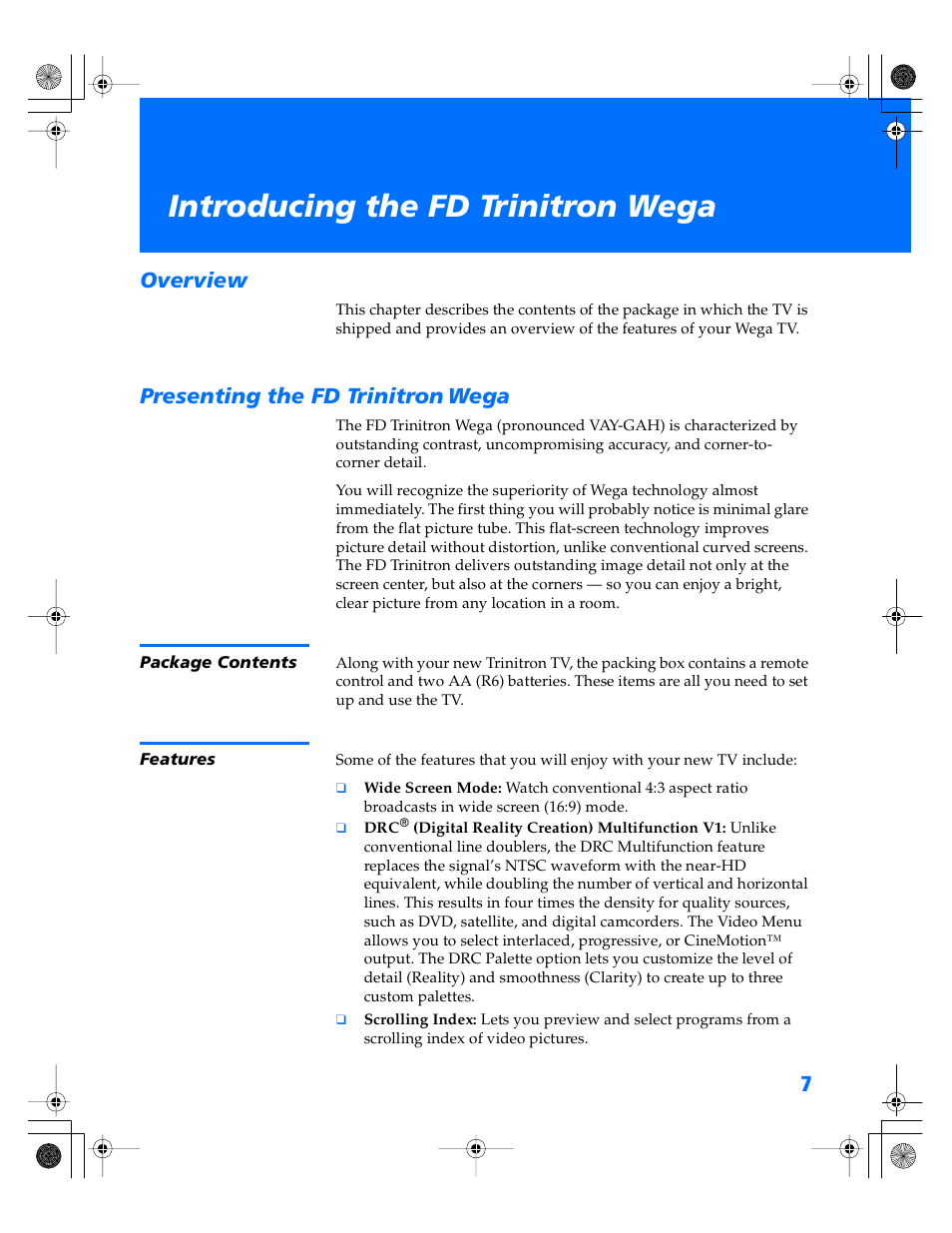 Introducing the fd trinitron wega, Overview, Presenting the fd trinitron wega | Package contents, Features, Overview presenting the fd trinitron wega, Package contents features, Presenting the fd trinitron, Wega | Sony WEGA KV-34XBR800 User Manual | Page 8 / 91