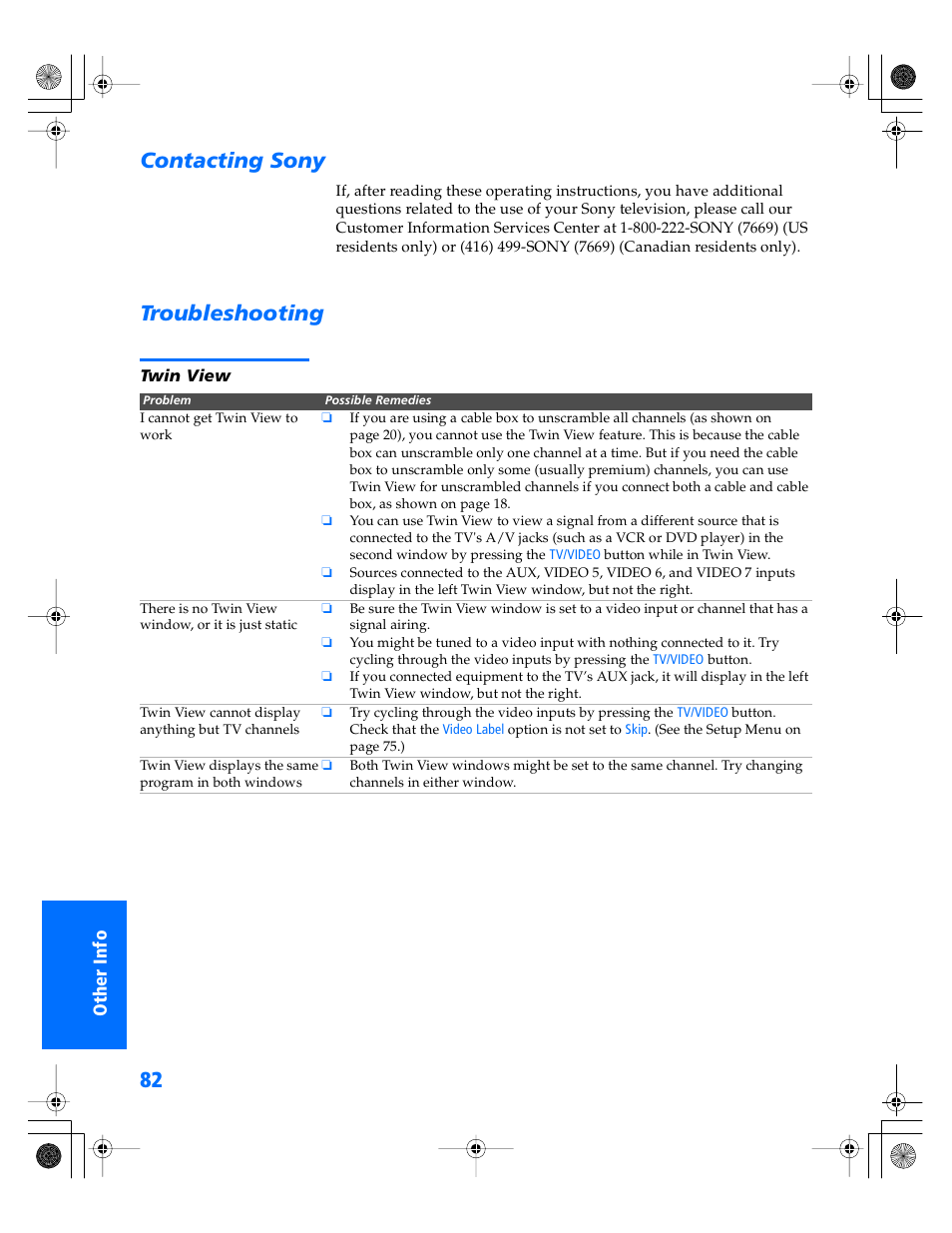Contacting sony, Troubleshooting, Twin view | Contacting sony troubleshooting | Sony WEGA KV-34XBR800 User Manual | Page 83 / 91