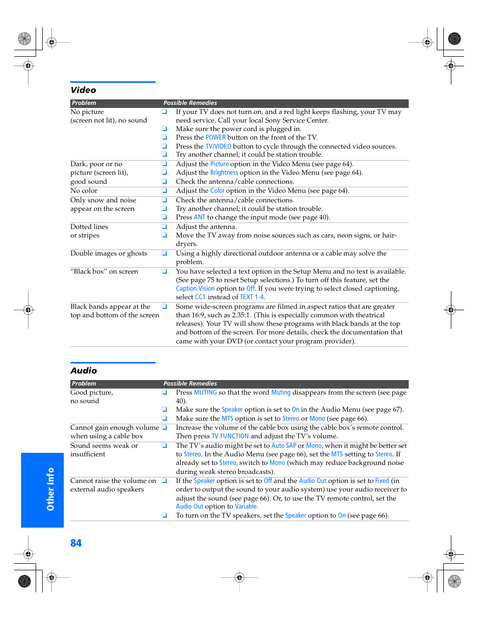 Video, Audio | Sony WEGA KV-34XBR800 User Manual | Page 85 / 91