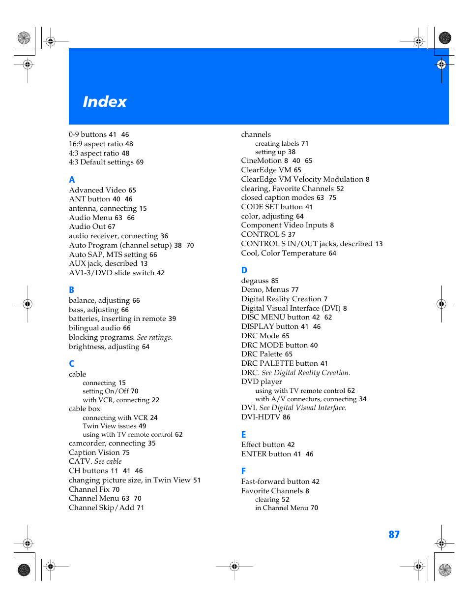Index | Sony WEGA KV-34XBR800 User Manual | Page 88 / 91