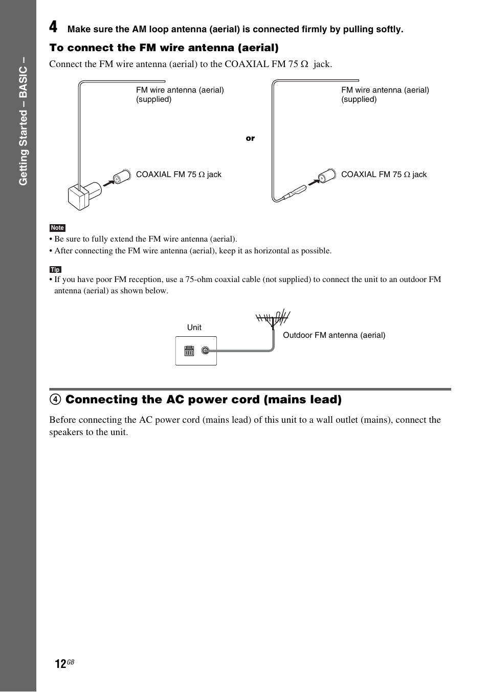 4 connecting the ac power cord (mains lead), 4connecting the ac power cord (mains lead) | Sony 3-283-028-11(1) User Manual | Page 12 / 88