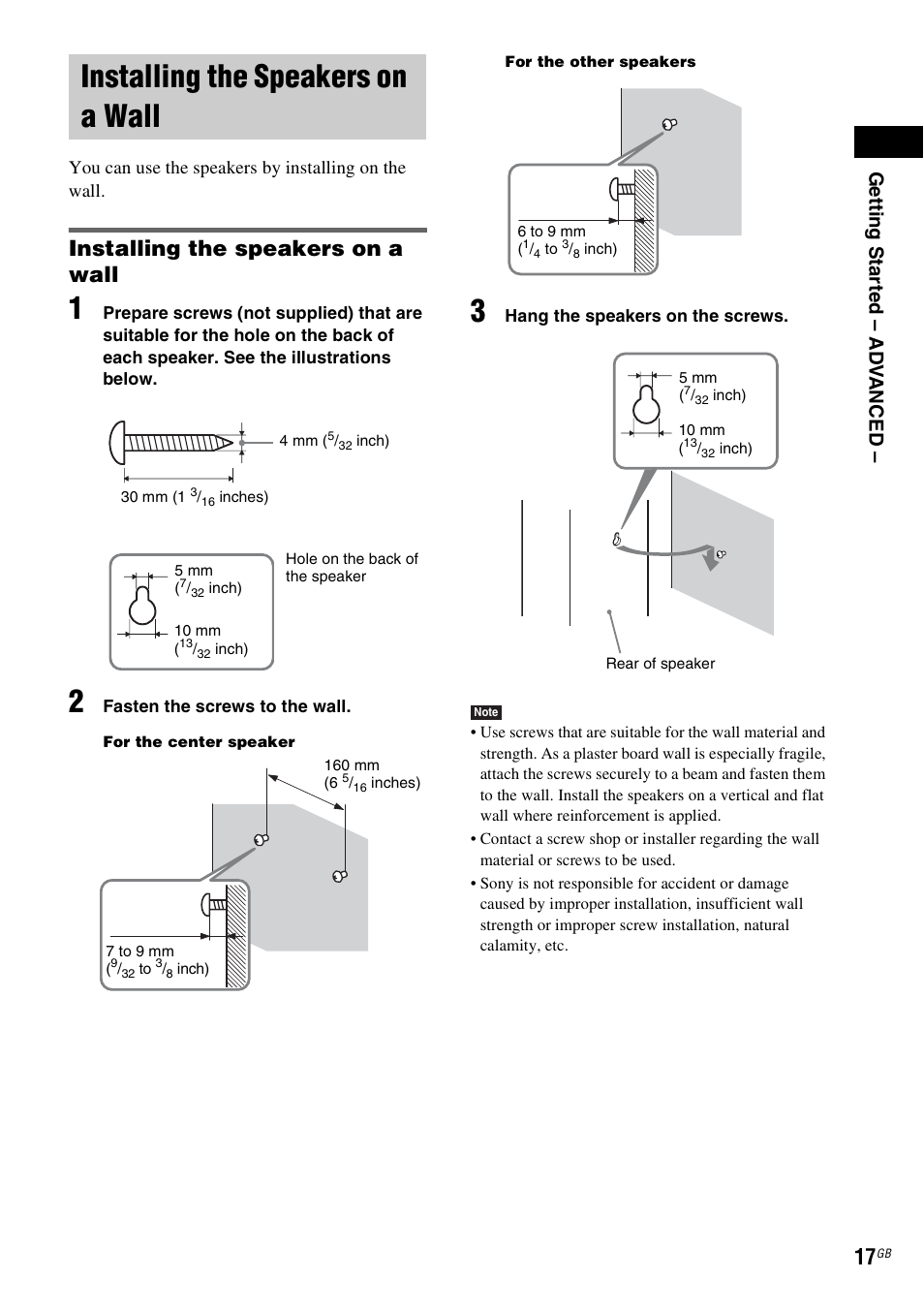 Installing the speakers on a wall, Ge tti ng sta rte d – ad v anced | Sony 3-283-028-11(1) User Manual | Page 17 / 88