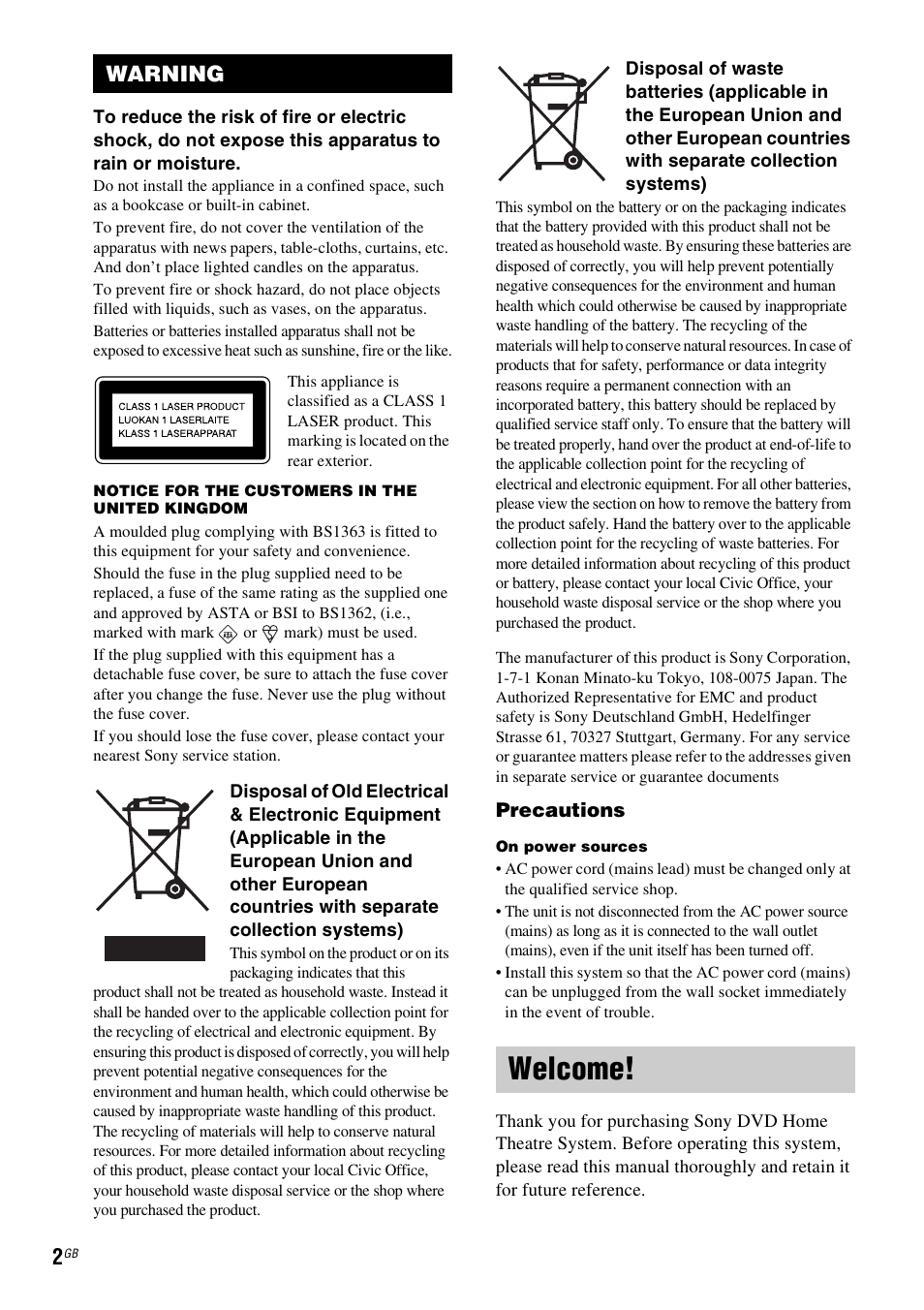 Warning, Welcome | Sony 3-283-028-11(1) User Manual | Page 2 / 88