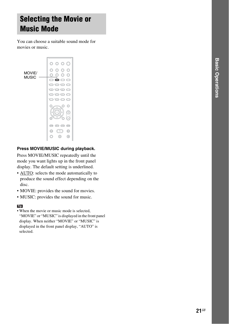 Selecting the movie or music mode, Selecting the movie or music, Mode | Sony 3-283-028-11(1) User Manual | Page 21 / 88