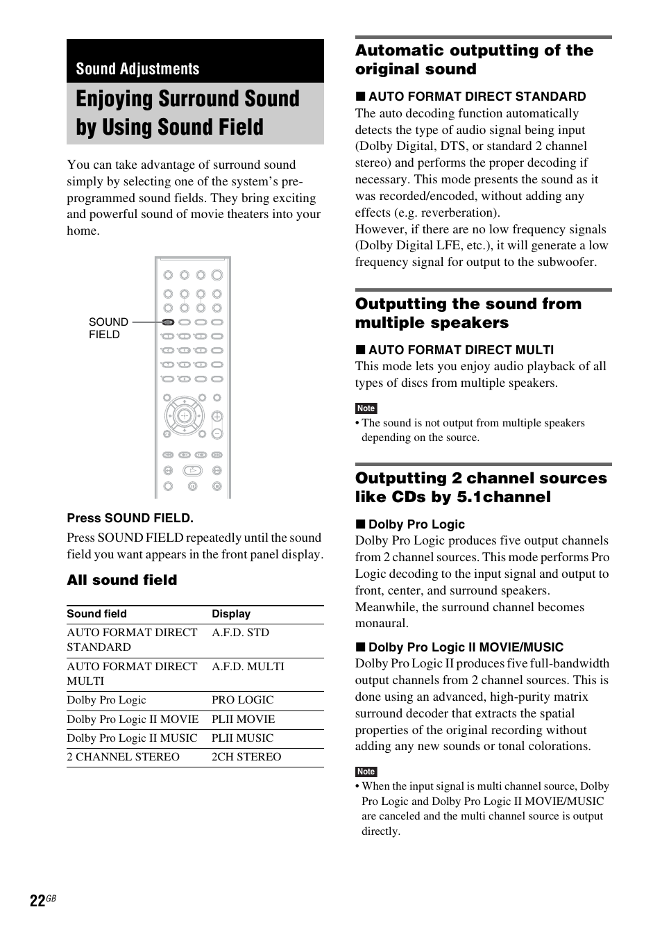 Sound adjustments, Enjoying surround sound by using sound field, Automatic outputting of the original sound | Outputting the sound from multiple speakers, Enjoying surround sound by using sound, Field | Sony 3-283-028-11(1) User Manual | Page 22 / 88