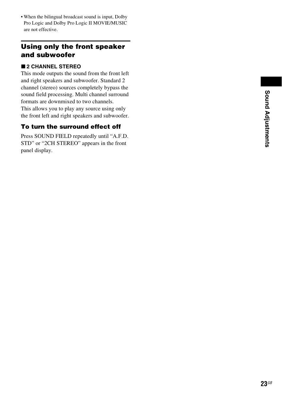 Using only the front speaker and subwoofer | Sony 3-283-028-11(1) User Manual | Page 23 / 88