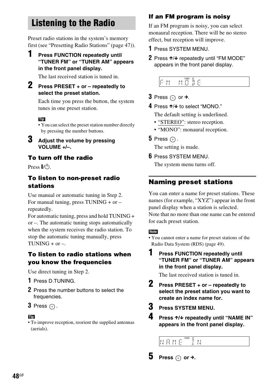 Listening to the radio, Naming preset stations | Sony 3-283-028-11(1) User Manual | Page 48 / 88