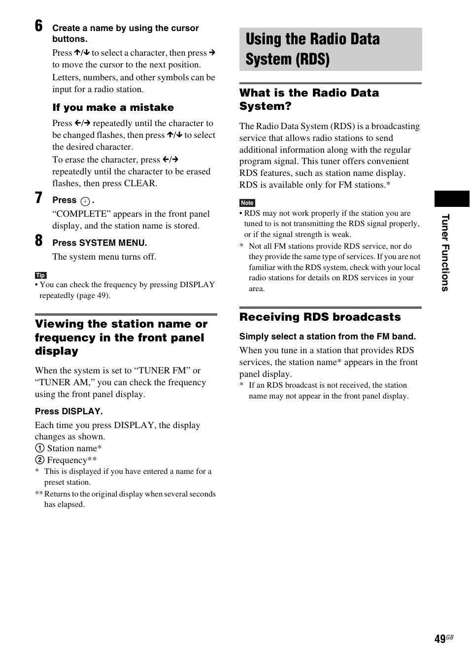 Using the radio data system (rds), What is the radio data system, Receiving rds broadcasts | Sony 3-283-028-11(1) User Manual | Page 49 / 88