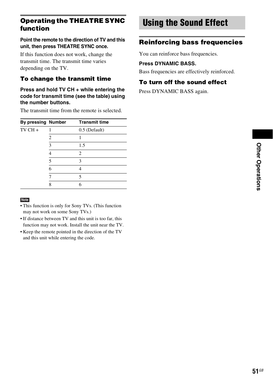 Operating the theatre sync function, Using the sound effect, Reinforcing bass frequencies | Sony 3-283-028-11(1) User Manual | Page 51 / 88