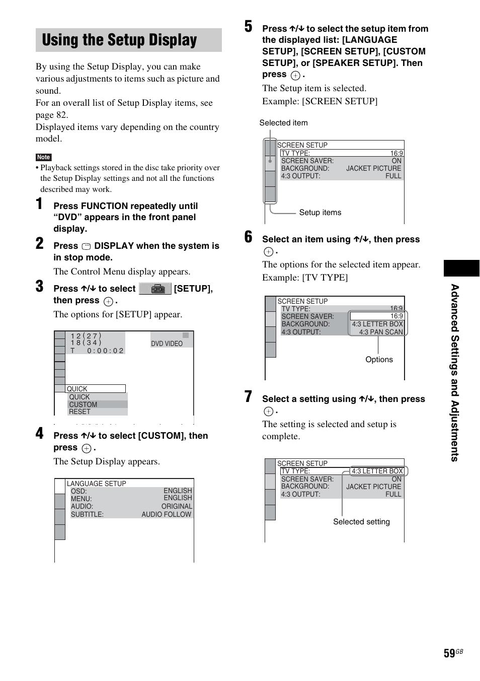 Using the setup display | Sony 3-283-028-11(1) User Manual | Page 59 / 88