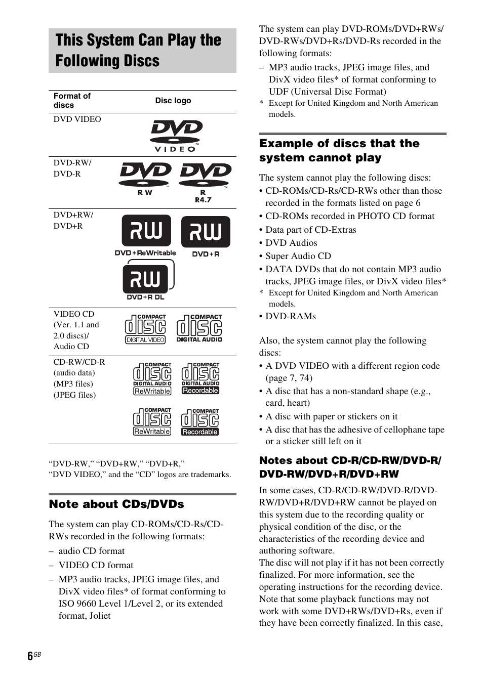 This system can play the following discs, Note about cds/dvds, Example of discs that the system cannot play | This system can play the following, Discs | Sony 3-283-028-11(1) User Manual | Page 6 / 88