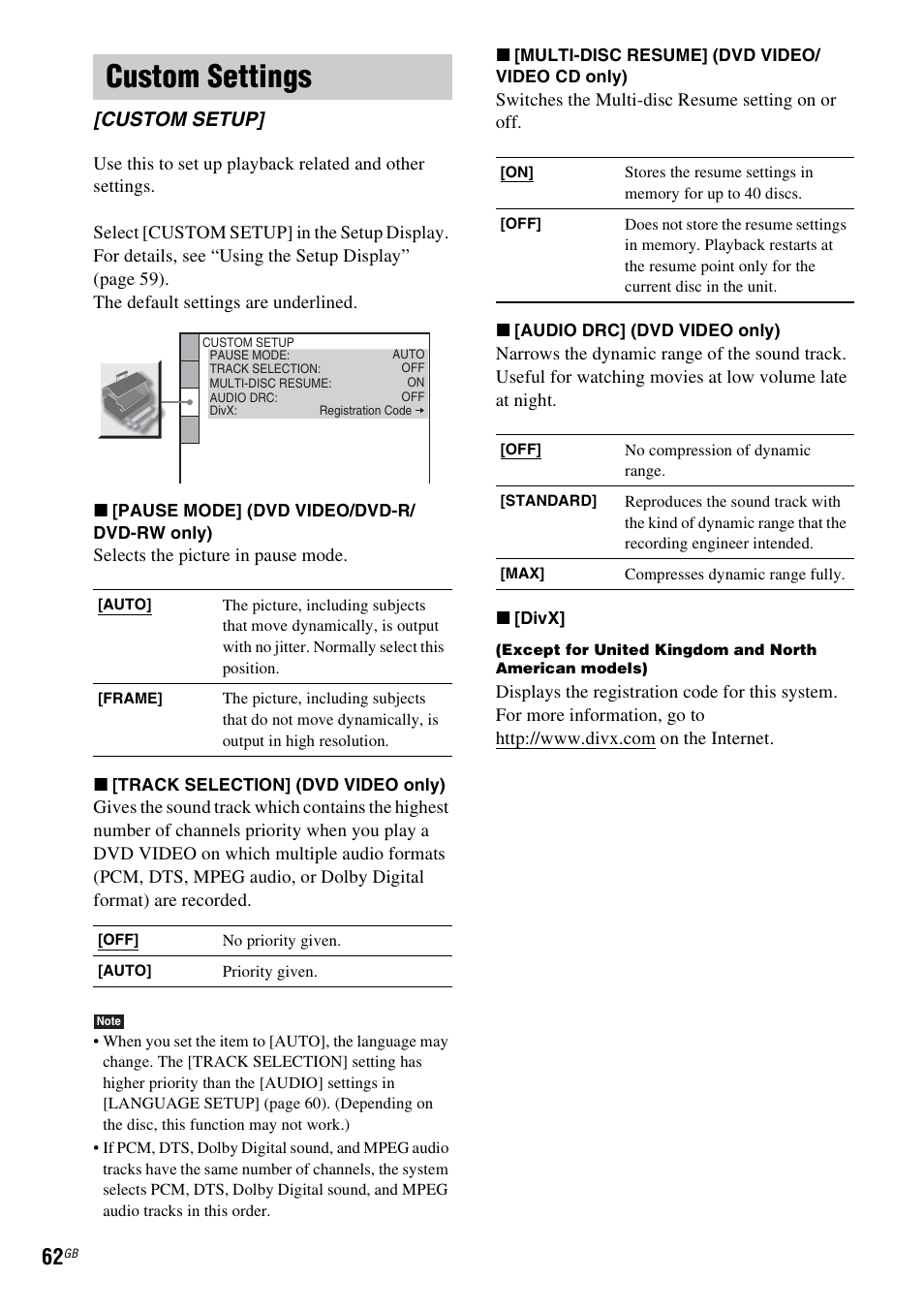 Custom settings, Custom setup | Sony 3-283-028-11(1) User Manual | Page 62 / 88