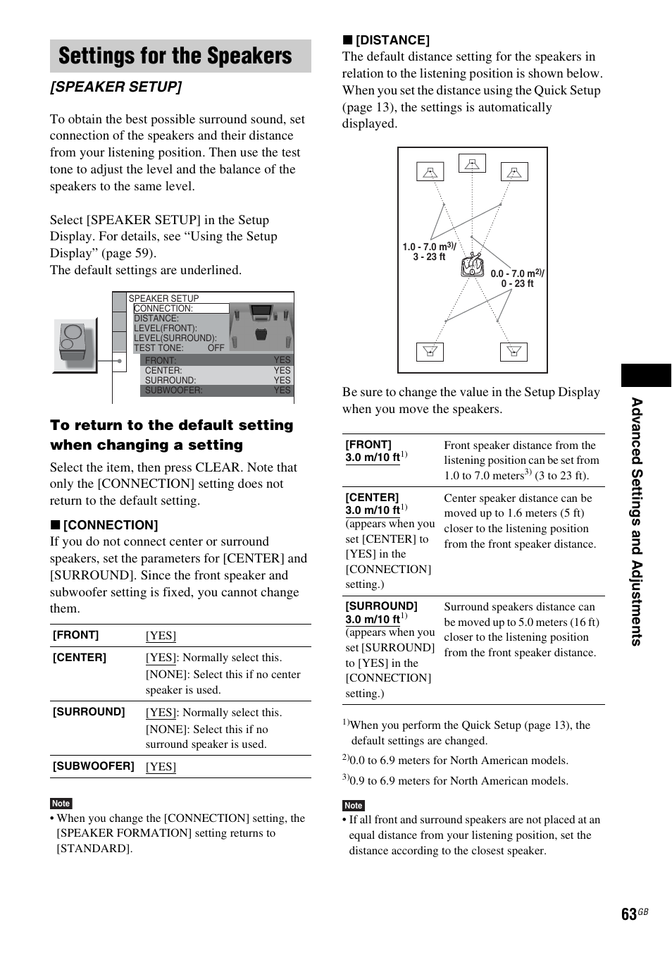 Settings for the speakers, Speaker setup | Sony 3-283-028-11(1) User Manual | Page 63 / 88