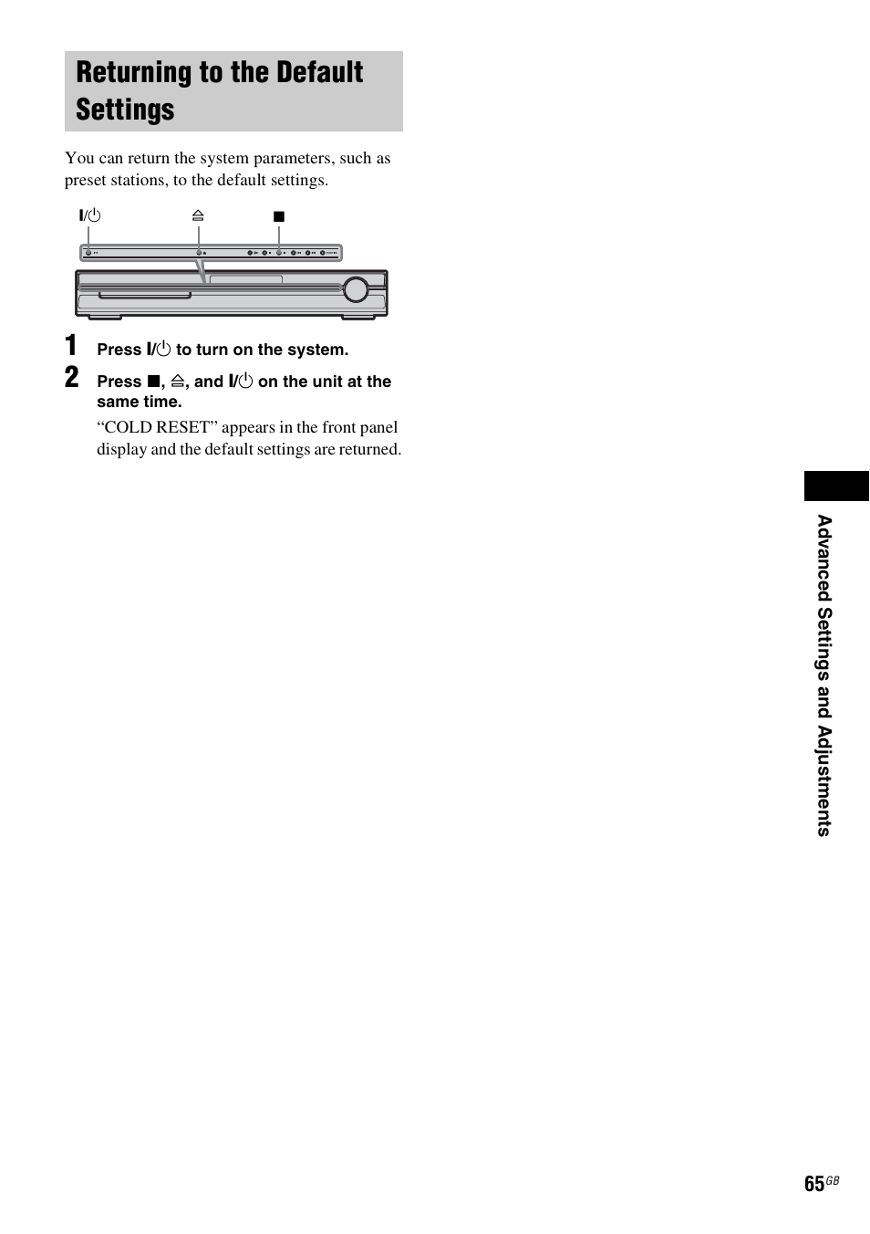 Returning to the default settings | Sony 3-283-028-11(1) User Manual | Page 65 / 88