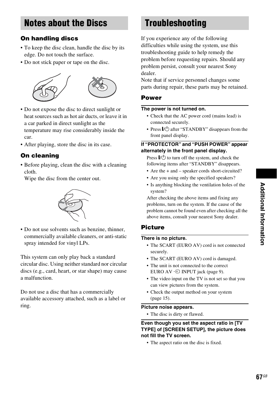 Notes about the discs, Troubleshooting, Notes about the discs troubleshooting | Sony 3-283-028-11(1) User Manual | Page 67 / 88