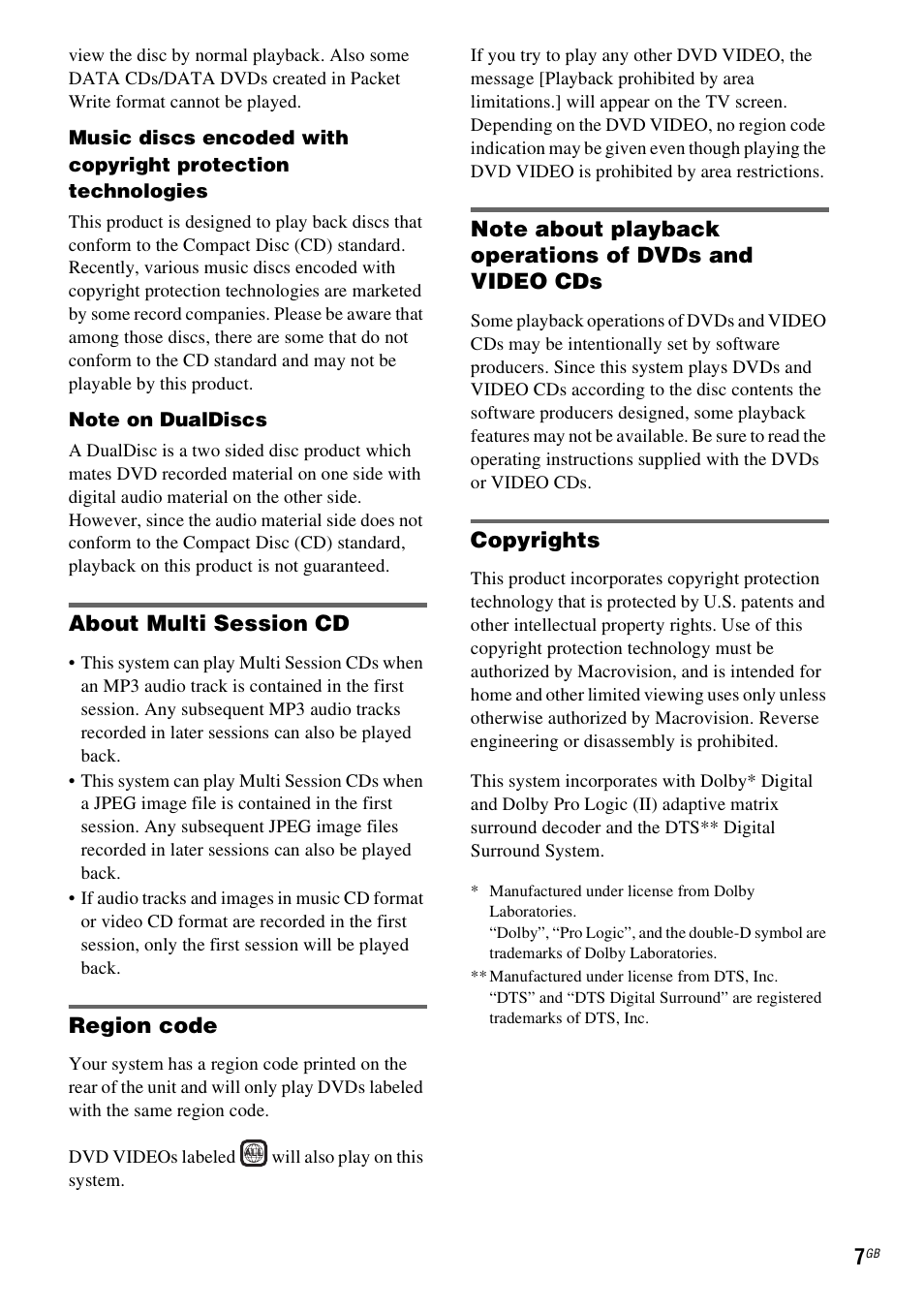About multi session cd, Region code, Copyrights | Sony 3-283-028-11(1) User Manual | Page 7 / 88
