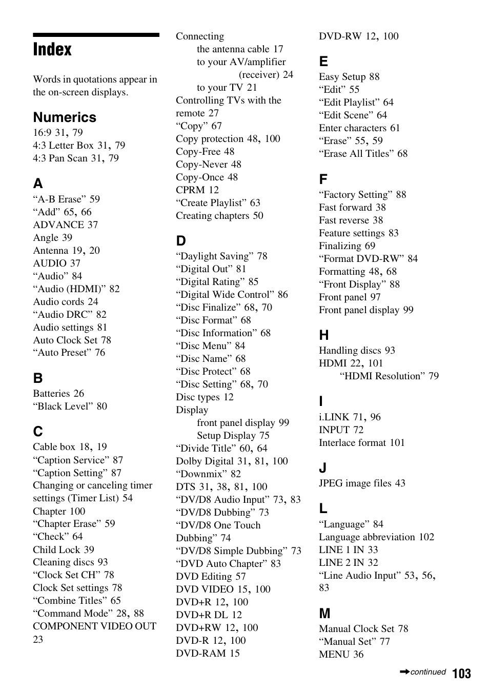 Index, Numerics | Sony RDR-GXD455 User Manual | Page 103 / 128