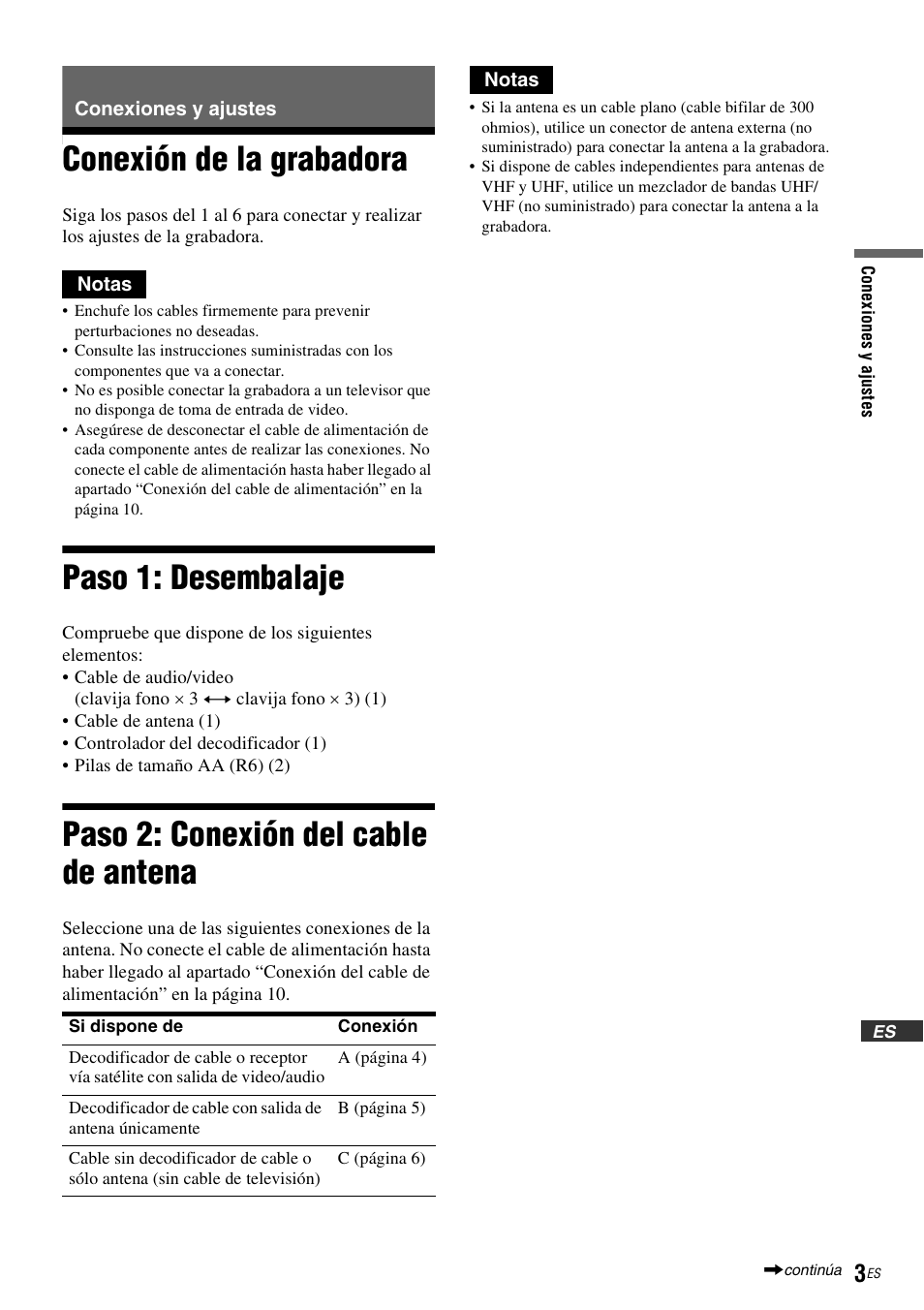 Conexiones y ajustes, Conexión de la grabadora, Paso 1: desembalaje | Paso 2: conexión del cable de antena | Sony RDR-GXD455 User Manual | Page 107 / 128