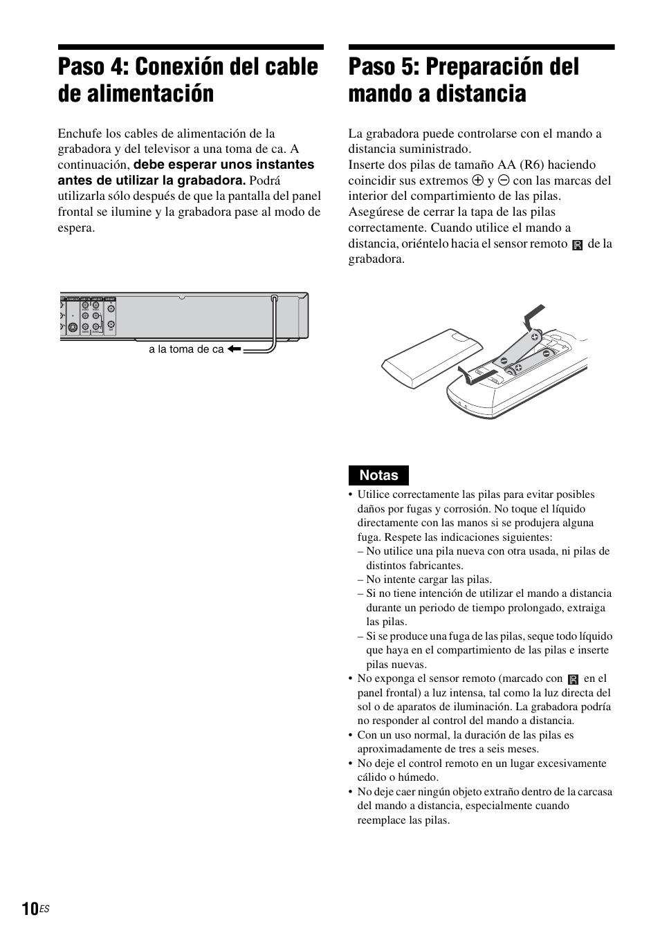Paso 4: conexión del cable de alimentación, Paso 5: preparación del mando a distancia, Notas | Sony RDR-GXD455 User Manual | Page 114 / 128