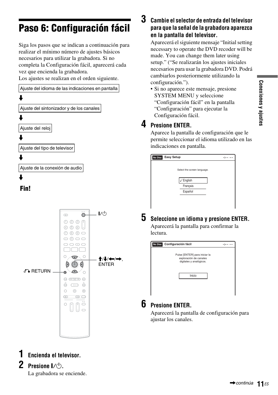 Paso 6: configuración fácil, Encienda el televisor, Presione "/1 | Presione enter, Seleccione un idioma y presione enter | Sony RDR-GXD455 User Manual | Page 115 / 128