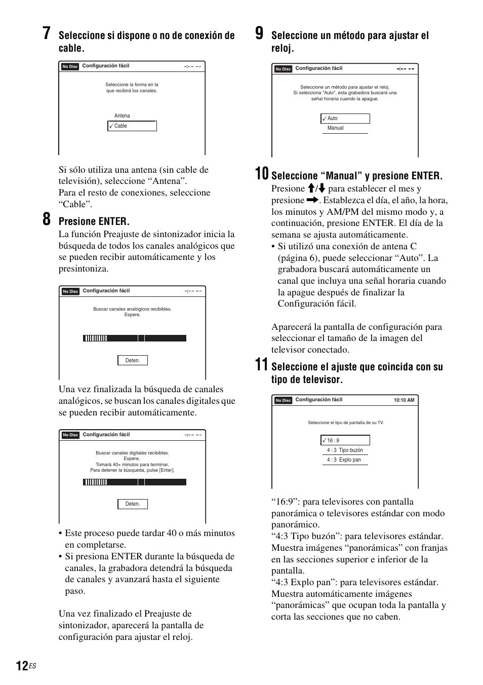 Seleccione si dispone o no de conexión de cable, Presione enter, Seleccione un método para ajustar el reloj | Seleccione “manual” y presione enter | Sony RDR-GXD455 User Manual | Page 116 / 128