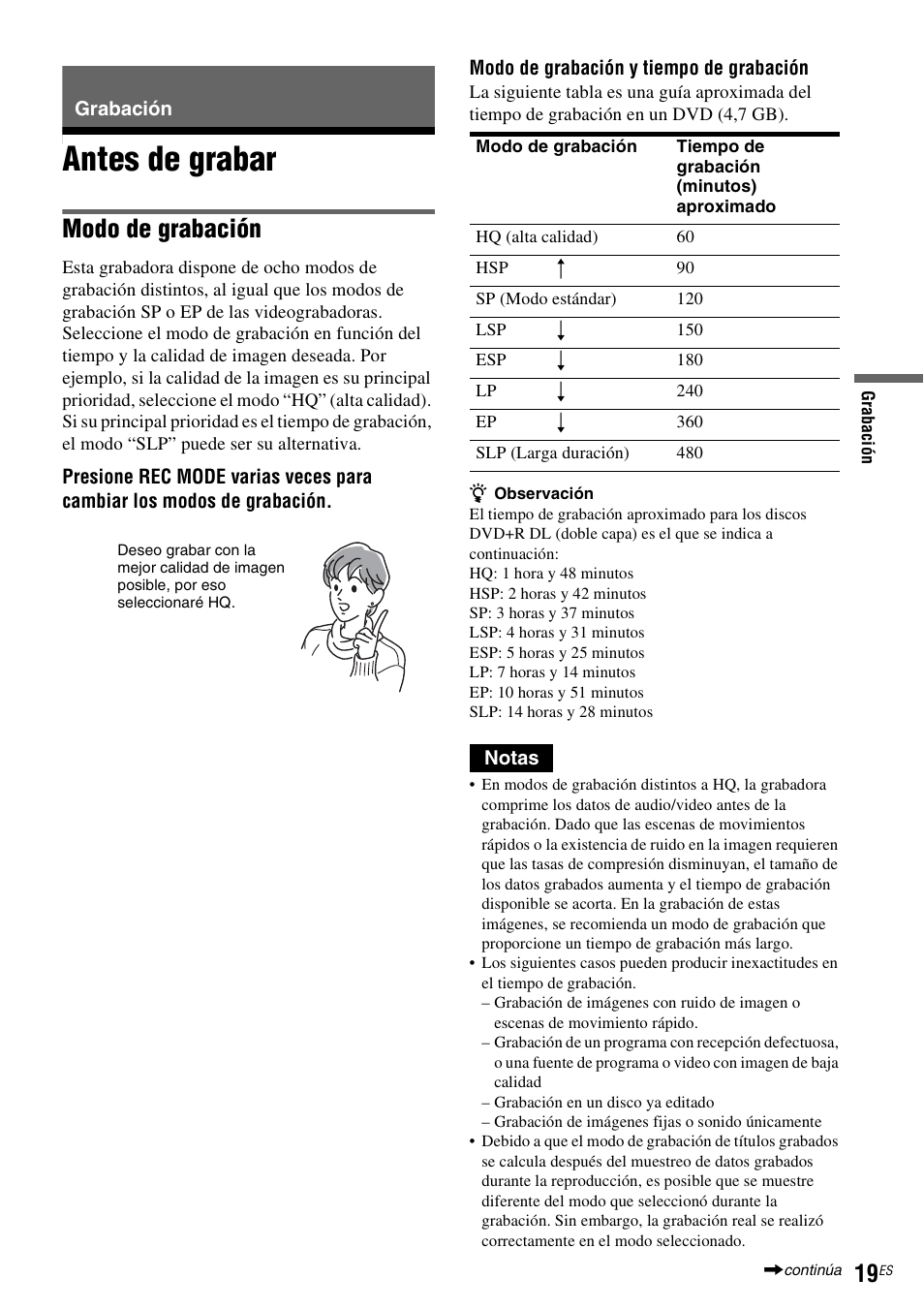 Grabación, Antes de grabar, Modo de grabación | Sony RDR-GXD455 User Manual | Page 123 / 128