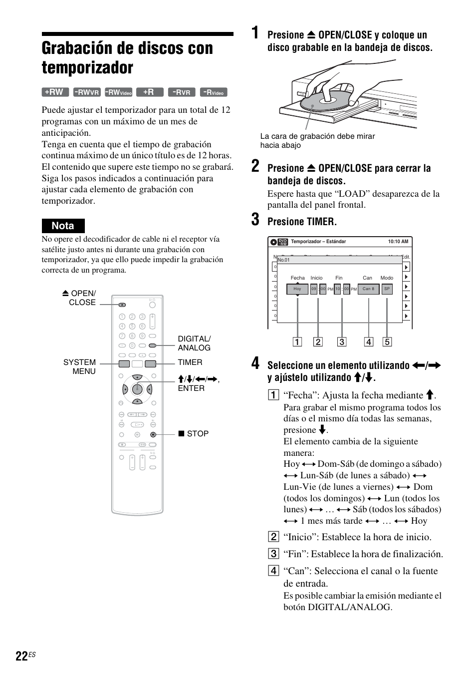 Grabación de discos con temporizador, Nota, Presione timer | La cara de grabación debe mirar hacia abajo | Sony RDR-GXD455 User Manual | Page 126 / 128