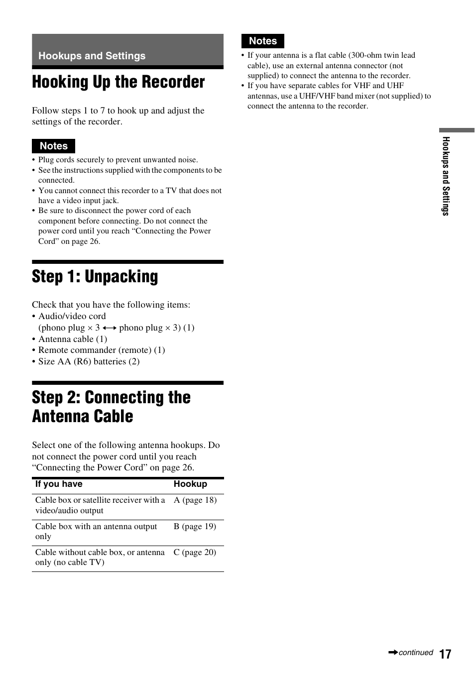 Hookups and settings, Hooking up the recorder, Step 1: unpacking | Step 2: connecting the antenna cable | Sony RDR-GXD455 User Manual | Page 17 / 128