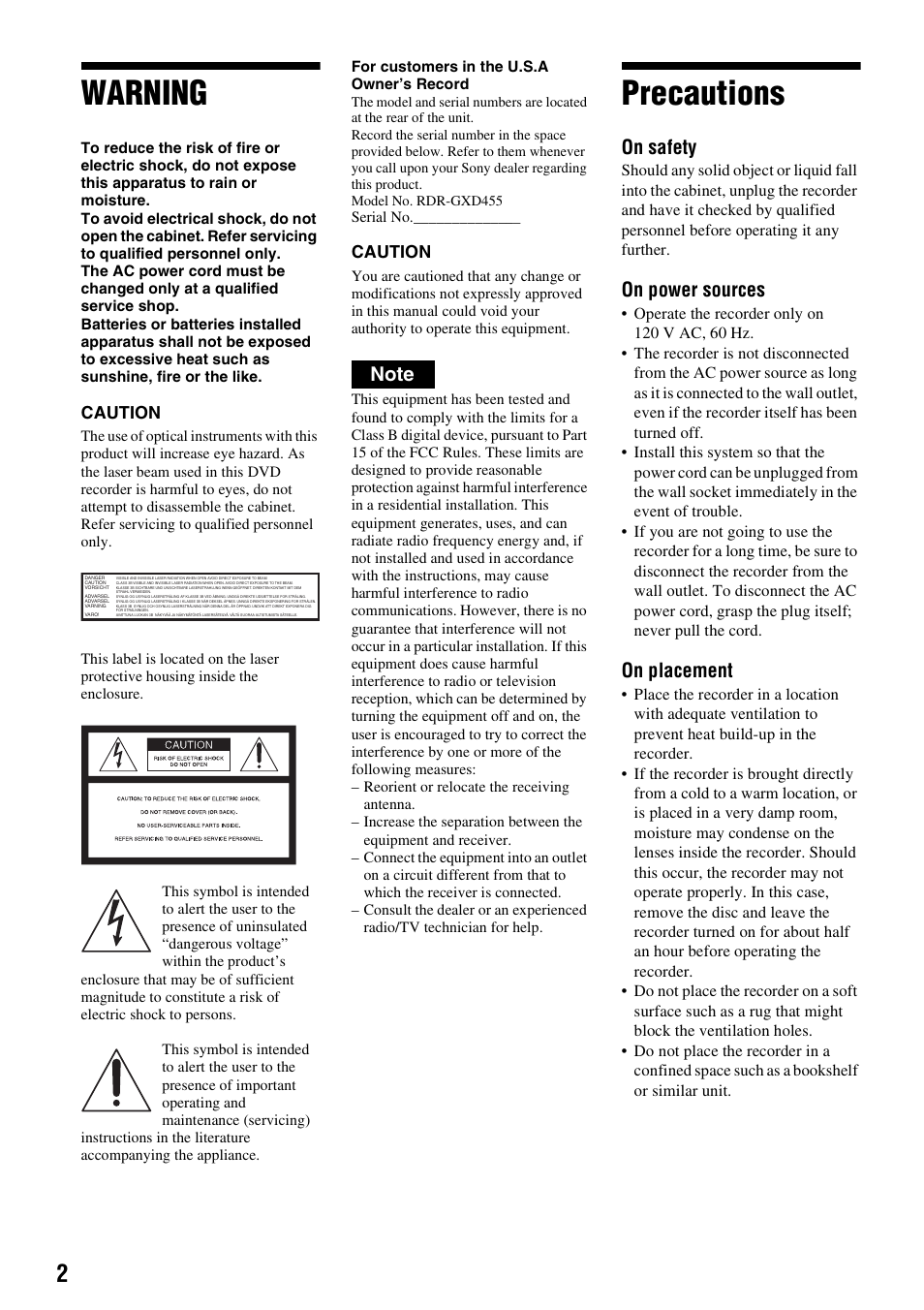 Warning, Precautions, Laes | On safety, On power sources, On placement | Sony RDR-GXD455 User Manual | Page 2 / 128