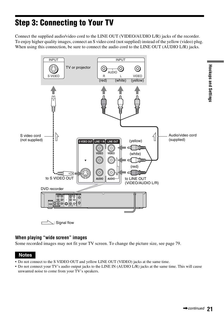 Step 3: connecting to your tv, When playing “wide screen” images, Ho o kup s an d set tings | Sony RDR-GXD455 User Manual | Page 21 / 128
