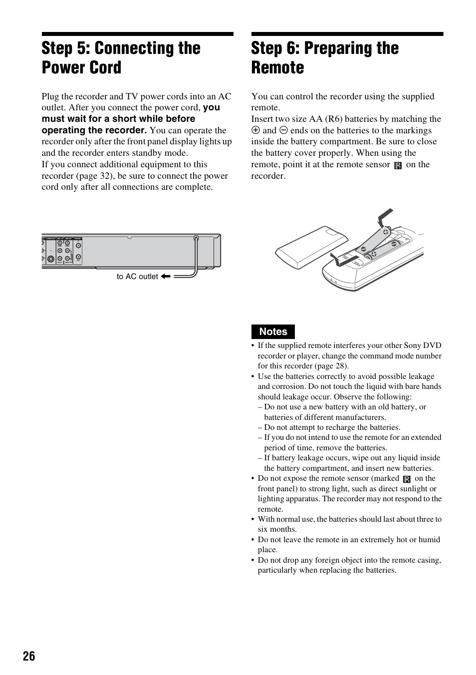 Step 5: connecting the power cord, Step 6: preparing the remote | Sony RDR-GXD455 User Manual | Page 26 / 128