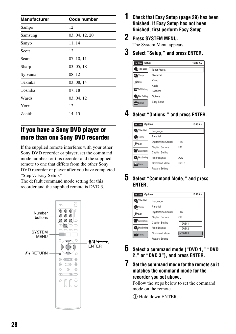 Press system menu, Select “setup,” and press enter, Select “options,” and press enter | Select “command mode,” and press enter, The system menu appears | Sony RDR-GXD455 User Manual | Page 28 / 128