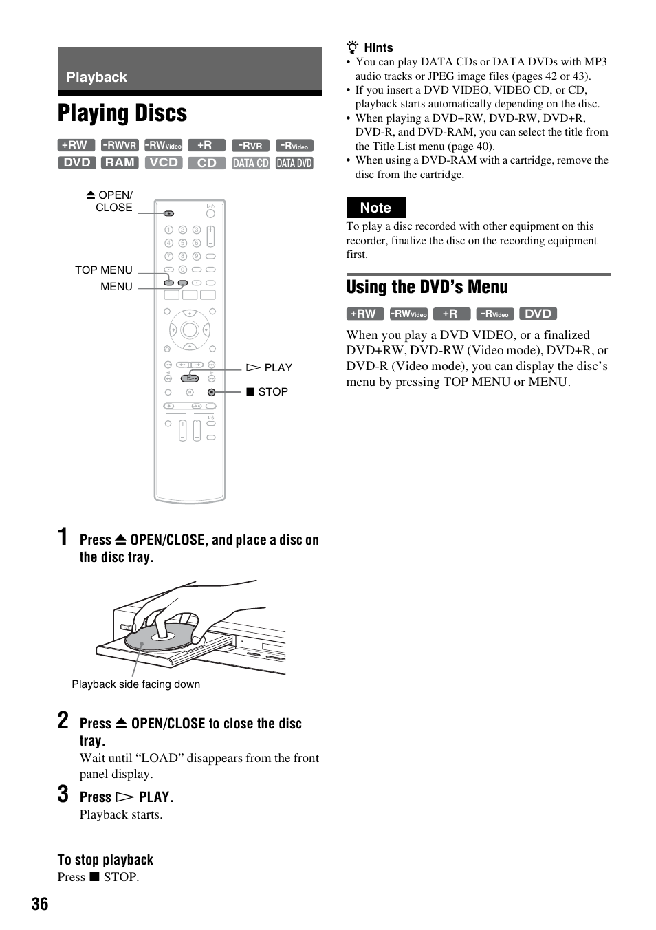 Playback, Playing discs, Playing discs 1 | Using the dvd’s menu, Press z open/close to close the disc tray, Press h play, Playback starts, Press x stop | Sony RDR-GXD455 User Manual | Page 36 / 128