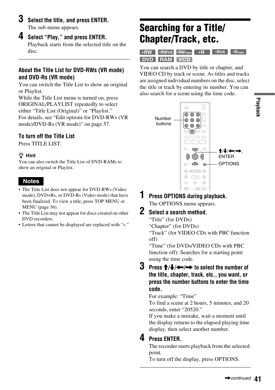 Searching for a title/ chapter/track, etc, Searching for a title/chapter/track, etc, Select the title, and press enter | Select “play,” and press enter, Press options during playback, Select a search method, Press enter | Sony RDR-GXD455 User Manual | Page 41 / 128