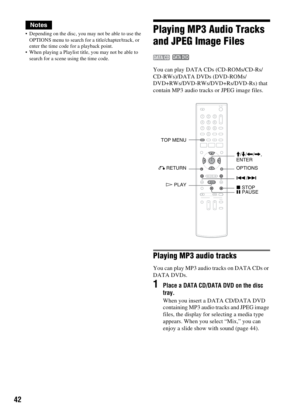 Playing mp3 audio tracks and jpeg image files, Playing mp3 audio tracks, Place a data cd/data dvd on the disc tray | Sony RDR-GXD455 User Manual | Page 42 / 128