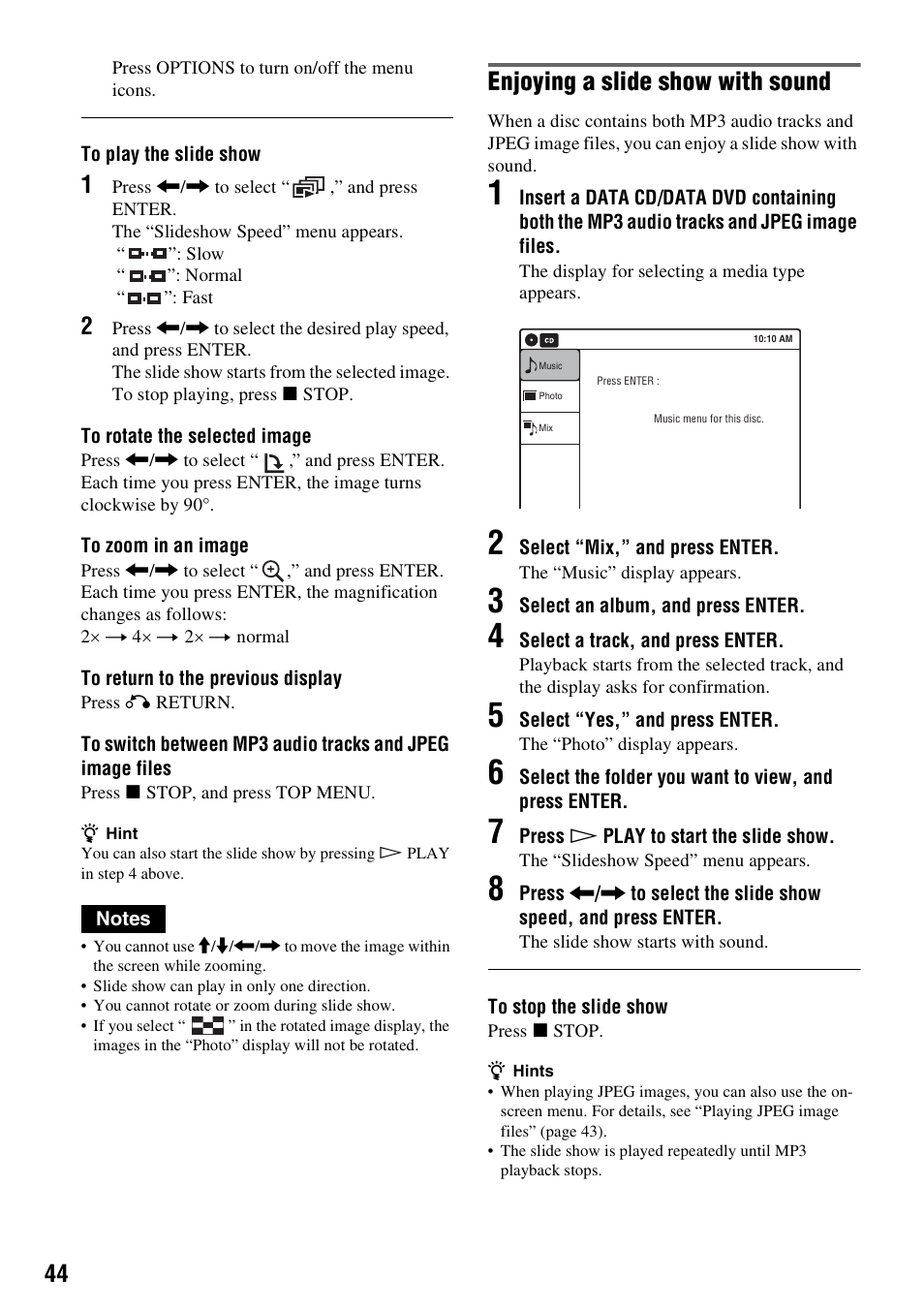 Enjoying a slide show with sound | Sony RDR-GXD455 User Manual | Page 44 / 128