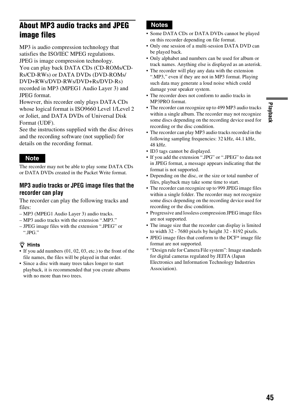 About mp3 audio tracks and jpeg image files | Sony RDR-GXD455 User Manual | Page 45 / 128