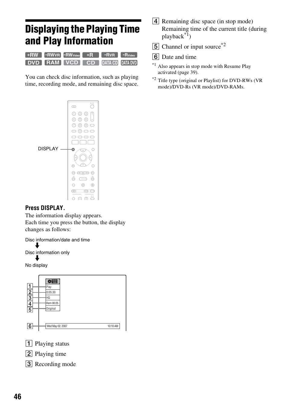 Displaying the playing time and play information, Press display, E channel or input source | F date and time | Sony RDR-GXD455 User Manual | Page 46 / 128