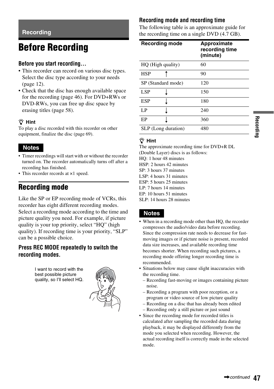 Recording, Before recording, Recording mode | Sony RDR-GXD455 User Manual | Page 47 / 128