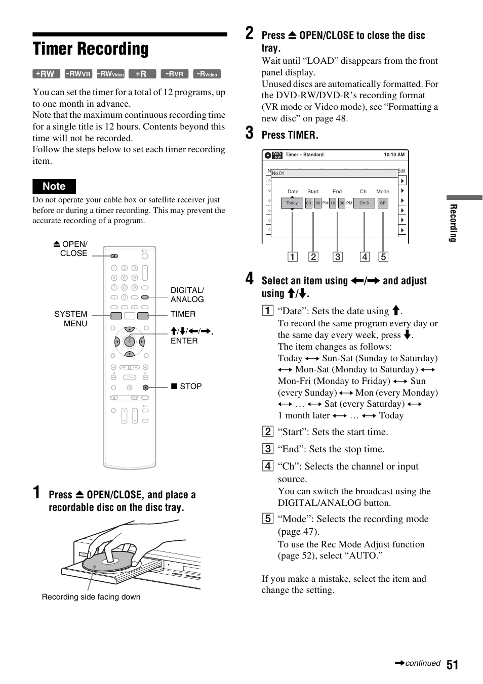 Timer recording, Press z open/close to close the disc tray, Press timer | E “mode”: selects the recording mode (page 47), Re co rd in g | Sony RDR-GXD455 User Manual | Page 51 / 128