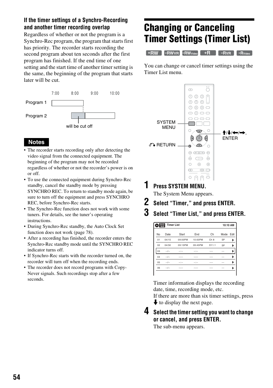 Changing or canceling timer settings (timer list), Press system menu, Select “timer,” and press enter | Select “timer list,” and press enter, The system menu appears, The sub-menu appears | Sony RDR-GXD455 User Manual | Page 54 / 128