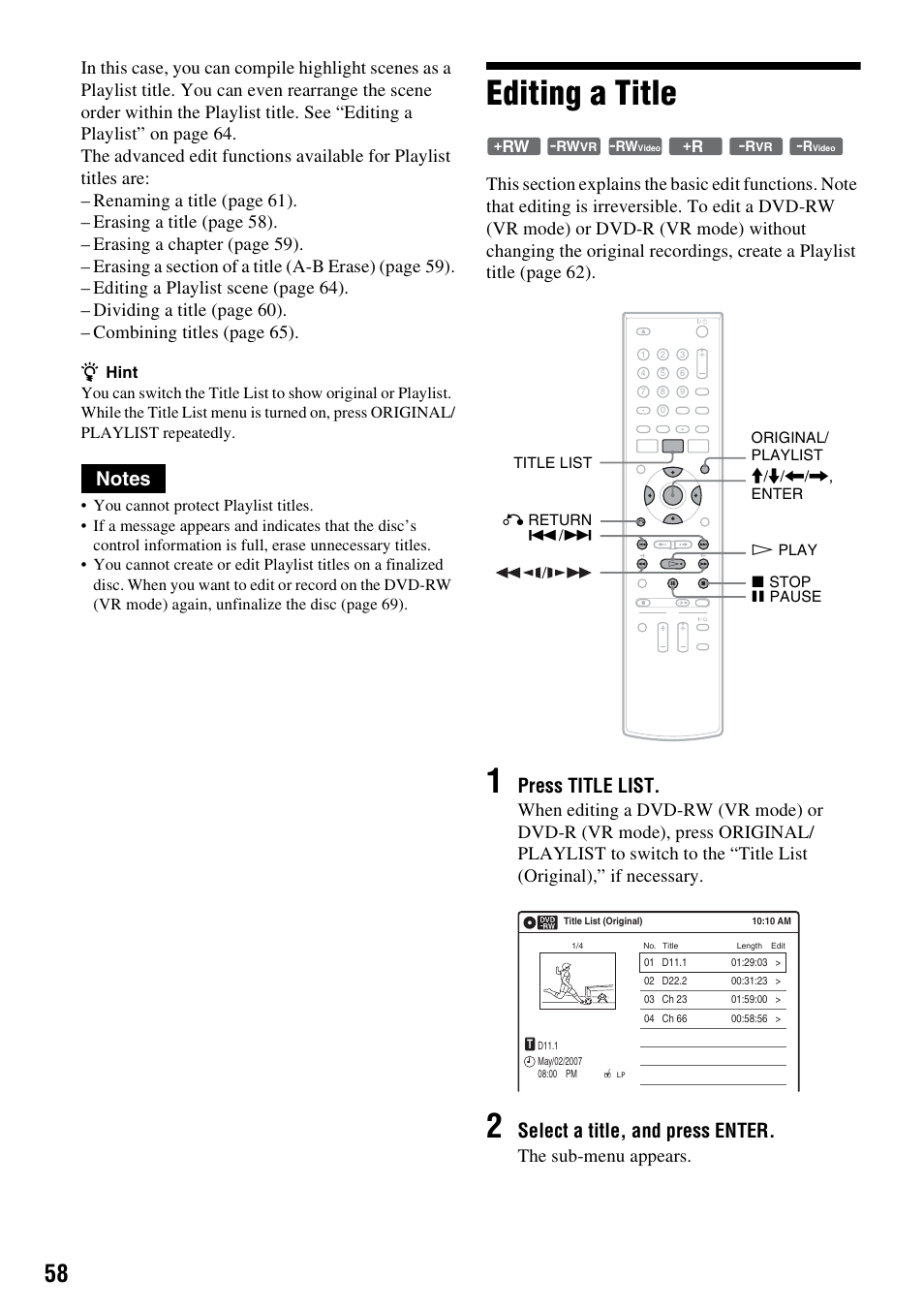 Editing a title, Press title list, Select a title, and press enter | The sub-menu appears | Sony RDR-GXD455 User Manual | Page 58 / 128